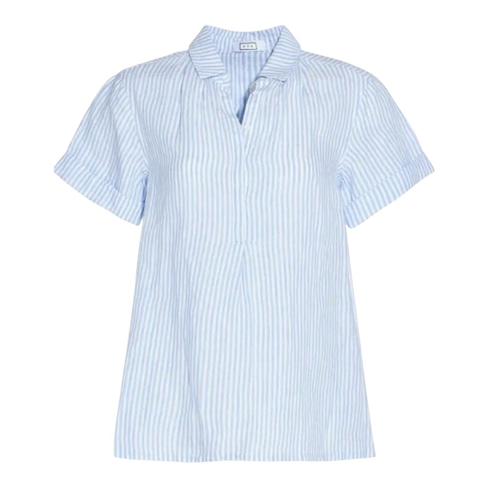 AYR “The Burst” Blue & White Striped Linen Short Sleeve Popover Blouse - XS